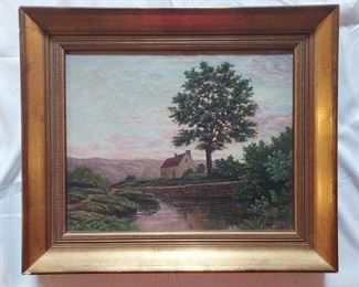 RENE CHARLES EDMOND HIS Oil on canvas homestead by stream