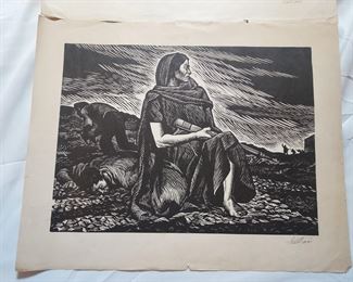 Alberto Beltran woodcut print woman with gun