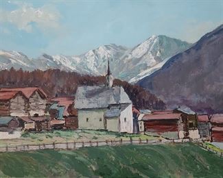 Fuchs oil on board behind glass swiss chalet mountain landscape Scene