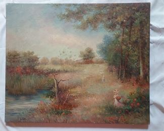 F Lotte oil on canvas girls by a pond in a field