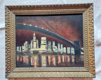 Geo. Kenny 68 oil on canvas of the Brooklyn bridge Manhattan