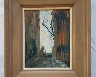 Grover oil on tin city street scene