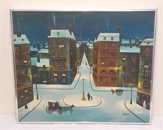 Folleti oil on canvas folk art winter city scene
