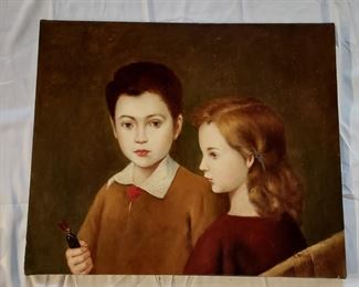 John Bowen oil on canvas boy and girl with toy soldier