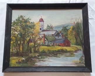 A Beaudin oil on board behind glass church by stream