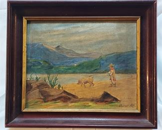 Oscar Alf Man at beach with a pig oil on board