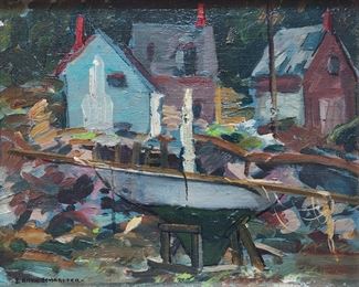 S Allyn Schaeffer Oil on board dry dock harbor scene
