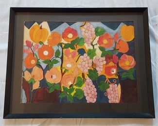 B Campbell watercolor on paper of flowers. grapes and pumpkins