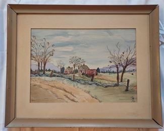 J M tufts watercolor painting of a farm 1954