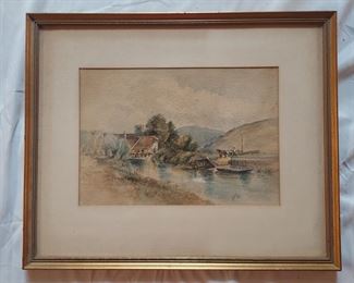 A.B.F. watercolor of a cottage by a stream with horse