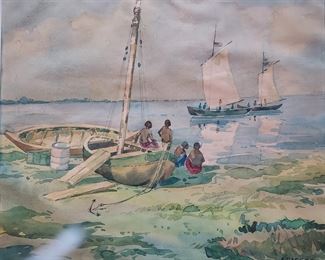 a Hafeez watercolor of fishing boats africa
