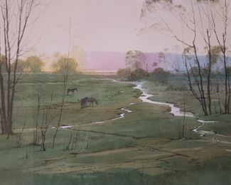 Dean Millman watercolor painting of horses out to pasture Evening grazing