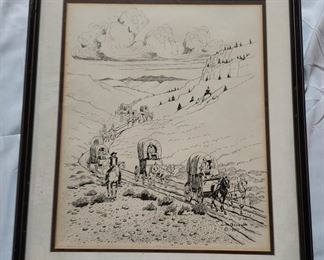 Jim Davis Drawing ink of covered wagons