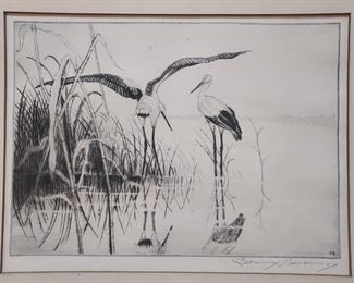 Carman Bonanno drypoint etching of hearings signed