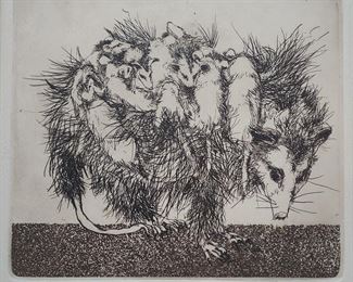 MICHAEL JACQUES etching of opossums signed and #