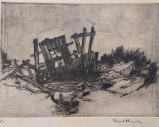 James Southard etching of shack on the beach