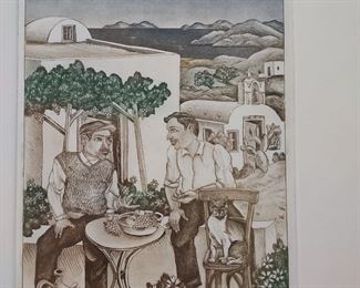 Antonios of Santorini Colored etching of men sitting signed #
