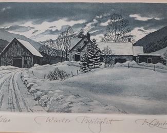 Kathleen Cantin Etching winter twilight signed #
