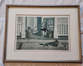Gerald Lubeck signed ap lithograph of cats on steps Title Welcome Home