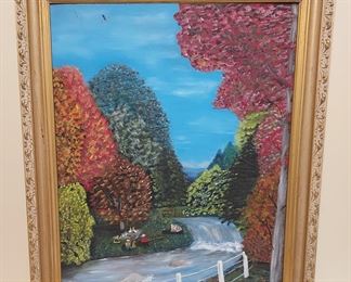 M Dean oil on board folk art river scene