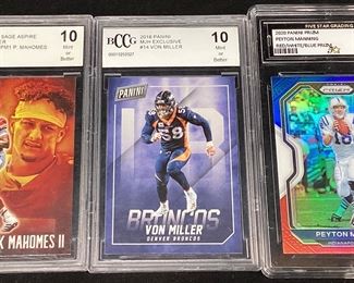 (3) GRADED FOOTBALL CARDS, 2019 ASPIRE PATRICK MAHOMES GEM MINT 10, 2019 PANINI VAUGHN MILLERGEM MINT 10 & PANINI PRIZM PEYTON MANNING GEM MINT 10,