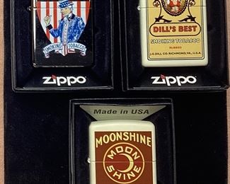 (3) ZIPPO LIGHTERS, UNCLE SAM SMOKING TOBACCO, DILL'S BEST & MOONSHINE TOBACCO, ALL NEW & UNSTRUCK w BOX,