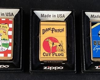 (3) ZIPPO LIGHTERS, YANKEE BOY PLUG CUT, DAN PATCH PLUG & BUGLER CIGARETTES,