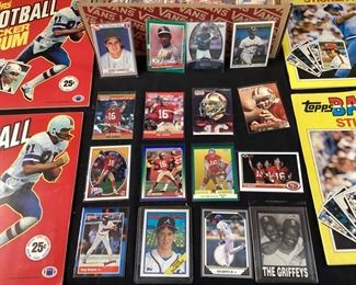 ASSORTED FOOTBALL & BASEBALL CARDS, TOPPS STICKER ALBUMS, JOE MONTANA, RICKY HENDERSON, TONY GWYNN, KEN GRIFFEY JR., TOM GLAVINE, 