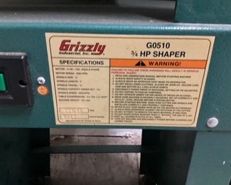 GRIZZLY INDUSTRIAL 3/4 HP SHAPER, MODEL G0510 #1,