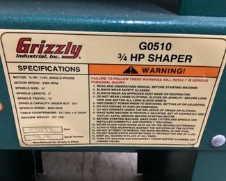GRIZZLY INDUSTRIAL 3/4 HP SHAPER, MODEL G0510 #2,