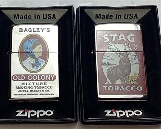(2) ZIPPO LIGHTERS, BAGLEYS & STAG TOBACCO, 