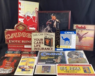 VTG. & MODERN ADVERTISING, PRINTS, SIGNS, MIRRORS, CAMEL, BIG JOGN, JAWS, DURBAK, GEORGE WASHINGTON, KEEN KUTTER