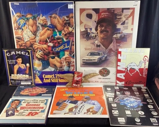 VTG. & MODERN ADVERTISING, PRINTS, SIGNS, MIRRORS, CAMEL, BIG JOGN, JAWS, DURBAK, GEORGE WASHINGTON, KEEN KUTTER