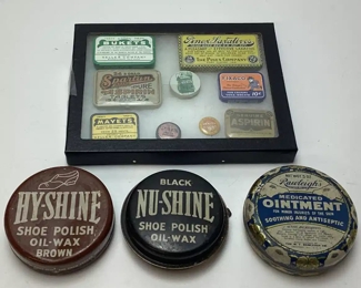 ASSORTED VTG. DRUG STORE TINS & SHOE SHINE