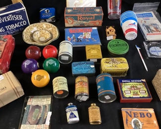 ASSORTED VTG. TOBACCO TINS & BRYKO GLASS BOTTLE, CAMEL, SWEET CUBA, TURKISH MIX, PRINE ALBERT, LUCKY STRIKE,