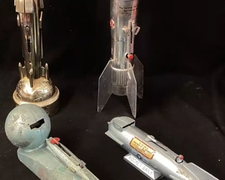 (4) VTG. MECHANICAL ROCKET COIN BANKS, ASTRO MFG, DURO MOLD