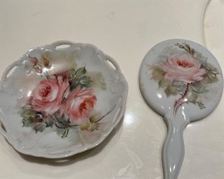 Hand Painted Porcelain Mirror and catch all dish