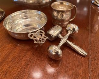 Sterling baby cup, porridge, and rattles