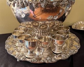 Very large Silver plate punch bowl with tray and 13 punch cups