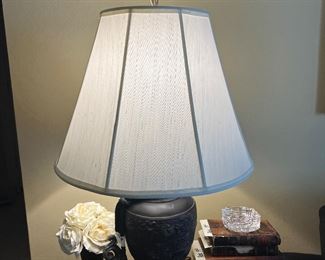 Maitland  Smith bronze bowl, lamp and antique books