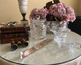 Mother of Pearl opera binoculars, vintage fan, Waterford Biscuit Barrel, antique books