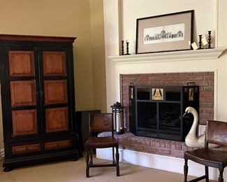 Distressed Armoire , Leather upholstered antique chairs, Arts and crafts style fireplace screen, and more!