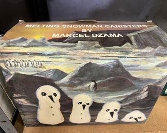 The cutest melting snowmen cannisters by Marcel Dzama