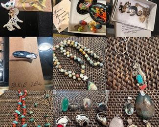 Jewelry including an Elvie Zell tuxedo cat pin, Sterling and other unique pieces