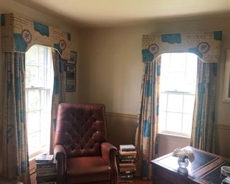 Maritime Drapes, Books, Leather Library Armchair