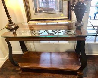 Wood and glass console table with metal inset