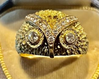 14k gold and diamonds owl ring