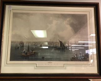 Huge Boston Waterfront hand colored antique engraving
