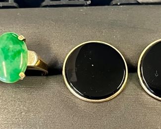 Vintage, 14 karat yellow gold apple green Jade ring, 14 karat onyx post earrings.