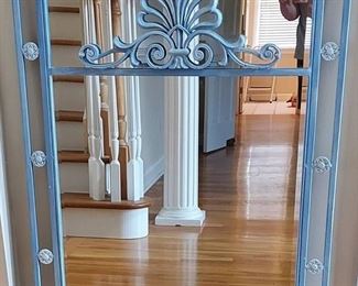 Beautiful Beveled Mirror in Distressed Blue and White Metal Frame